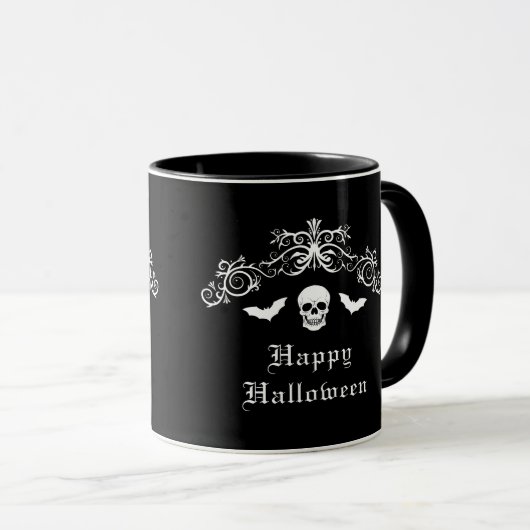 Skull and Bats Gothic Happy Halloween Black Tasse (VorderseiteRechts)