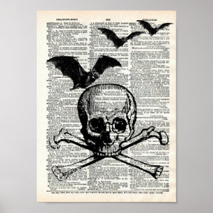 Skull and Bats Halloween Dictionary Art Print Poster
