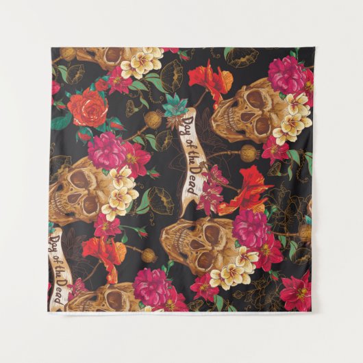 Skull and Flowers Day of The Dead Seamless Backgro Wandteppich (Vorderseite (Horizontal))