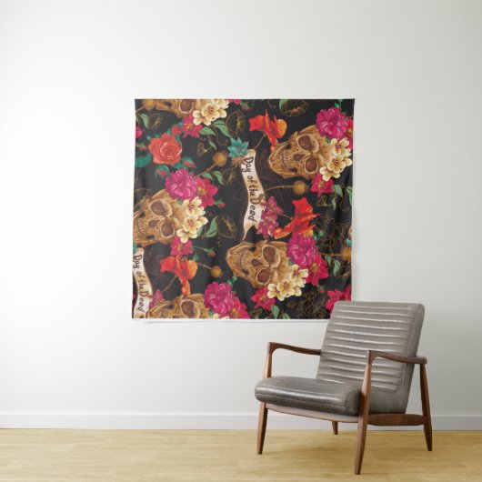 Skull and Flowers Day of The Dead Seamless Backgro Wandteppich (Beispiel (Horizontal))