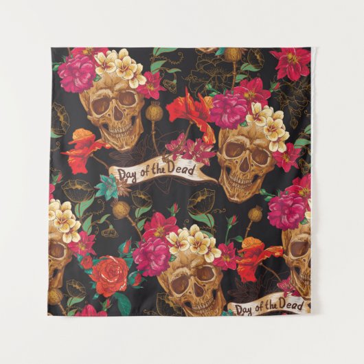 Skull and Flowers Day of The Dead Seamless Backgro Wandteppich (Vorderseite)