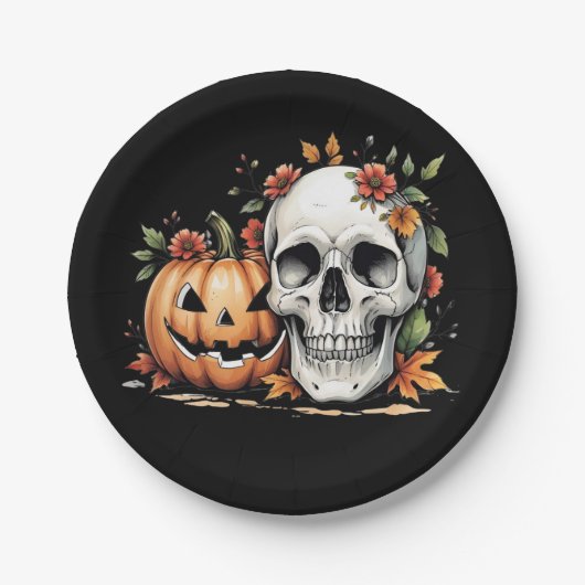 Skull and Pumpkin Art Pappteller (Vorderseite)