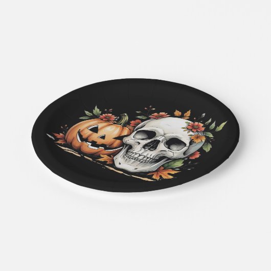 Skull and Pumpkin Art Pappteller (Schrägansicht)