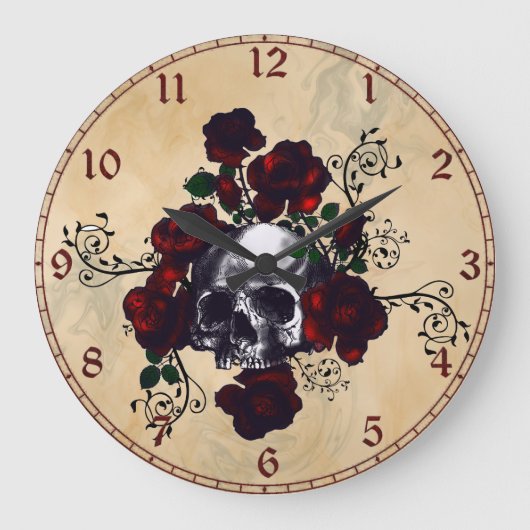 Skull and Roses Tattoo Style Goth Art Große Wanduhr (Vorderseite)