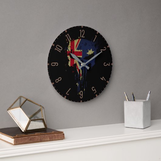 Skull Australian Flag Black Große Wanduhr (Büro)