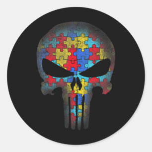 Skull Autismus Bewusstsein Puzzle Piece Mens Women Runder Aufkleber