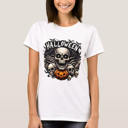 Skull & Bats Halloween Frame Pumpkin T-Shirt (Vorderseite)