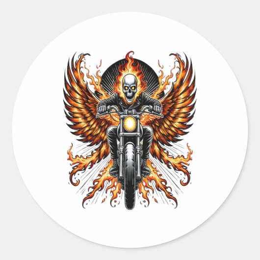 Skull-Biker Flame Flügelrad Motorrad Runder Aufkleber (Vorderseite)