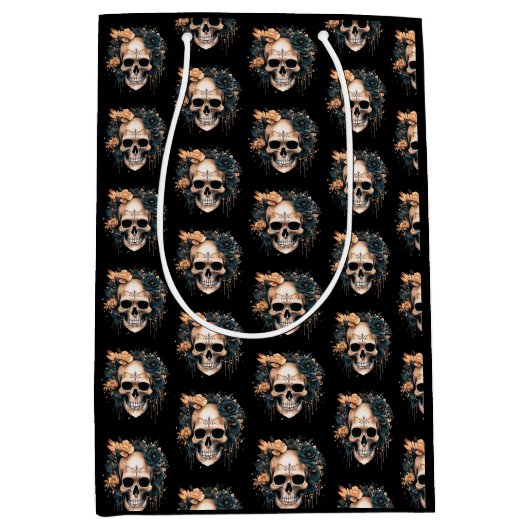Skull Black and Gold Blume Muster Halloween Mittlere Geschenktüte (Vorderseite)