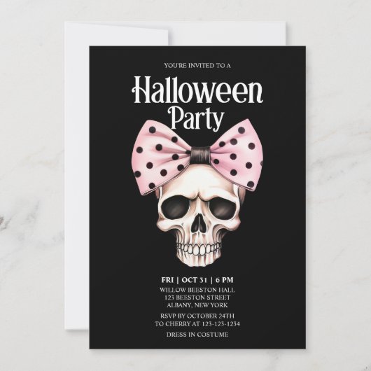 Skull Black Dots Bow Pink Horror Halloween-Party Einladung (Vorderseite)