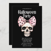 Skull Black Dots Bow Pink Horror Halloween-Party Einladung (Vorne/Hinten)