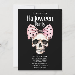 Skull Black Dots Bow Pink Horror Halloween-Party Einladung