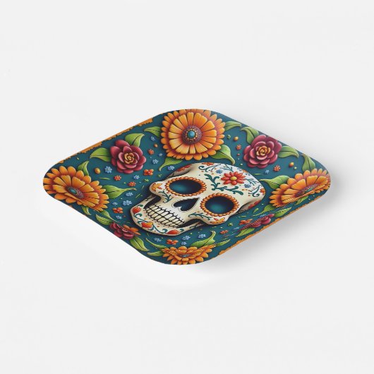 💀 🌹 Skull Bloom Burst Dia de los Muertos Fiesta Pappteller (Gewinkelt)
