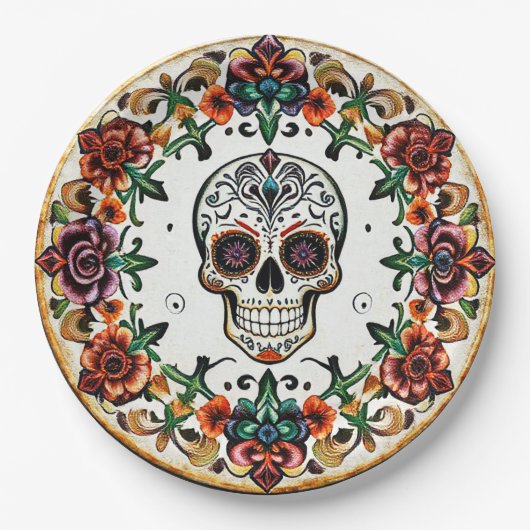 💀 🎉: Skull & Bloom Halo Doom Día de los Muertos Pappteller (Vorderseite)