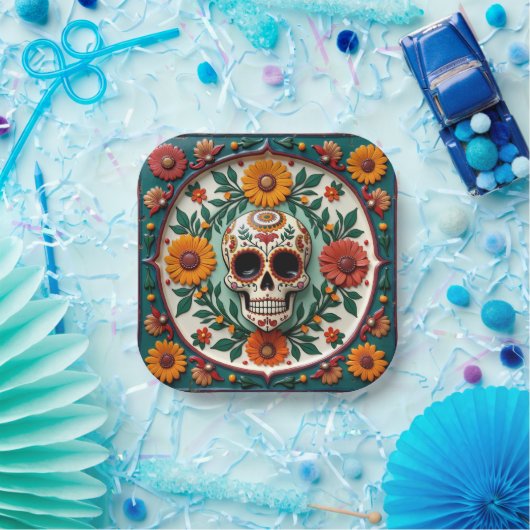 💀 🌹 Skull & Bloom Square Dia de los Muertos Fies Pappteller (Party)