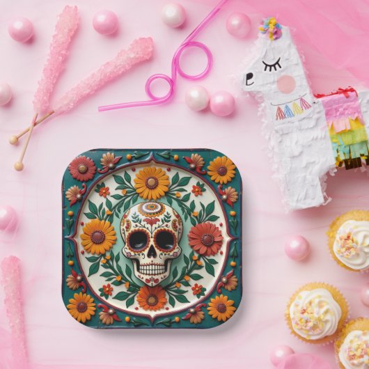 💀 🌹 Skull & Bloom Square Dia de los Muertos Fies Pappteller (Party)