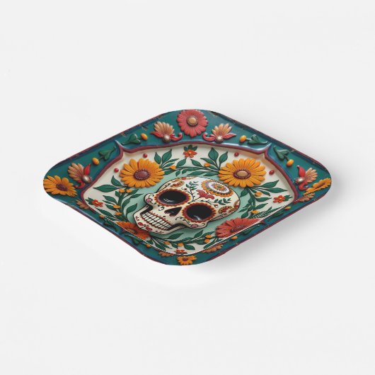 💀 🌹 Skull & Bloom Square Dia de los Muertos Fies Pappteller (Gewinkelt)