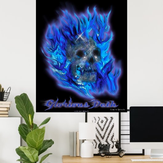 SKULL & BLUE FLAMES Aaryn Steele Art Poster (Heimbüro)