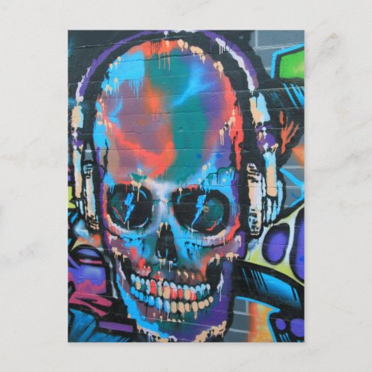 Skull, blue music Graffiti Street art, urban gow Postkarte (Vorderseite)