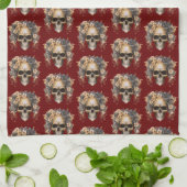 Skull Blume Burgundy Pattern Halloween Geschirrtuch (Gefaltet)