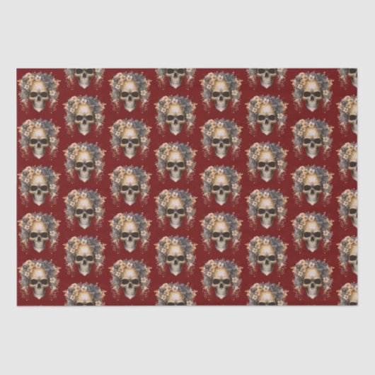 Skull Blume Burgundy Pattern Halloween Seidenpapier (Vorderseite)