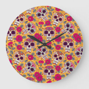Skull-Blume: Hintergrund des mexikanischen Tages Große Wanduhr