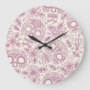 Skull Blume: Mexikanischer Tag Nahtlos. Große Wanduhr