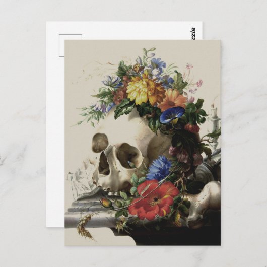 Skull-Blume Vintage Illustration Postkarte (Vorne/Hinten)