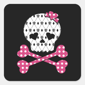 Skull & Bones Fleur-de-lis Pink Polka Dot Quadratischer Aufkleber