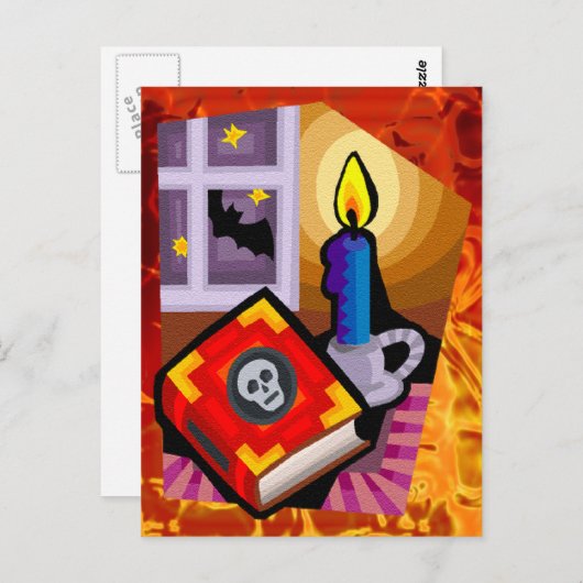 Skull Book, Candle Stick and Bat Außenbereich Postkarte (Vorne/Hinten)