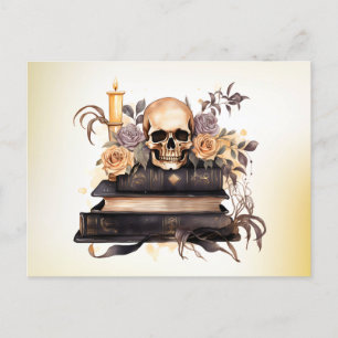 Skull Books Grey and Gold Rose Green Halloween Feiertagspostkarte