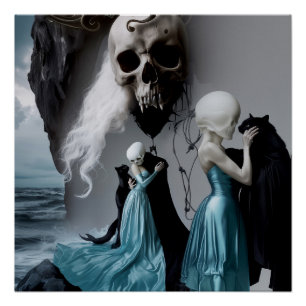 Skull Cat Shadow Work Witchy AI Art Semi Gloss Poster