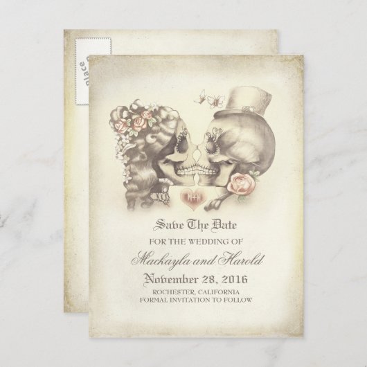 Skull Couple Day of the Dead Save the Date Ankündigungspostkarte (Vorne/Hinten)