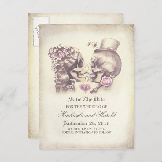 Skull Couple Day of the Dead Save the Date Ankündigungspostkarte (Vorne/Hinten)