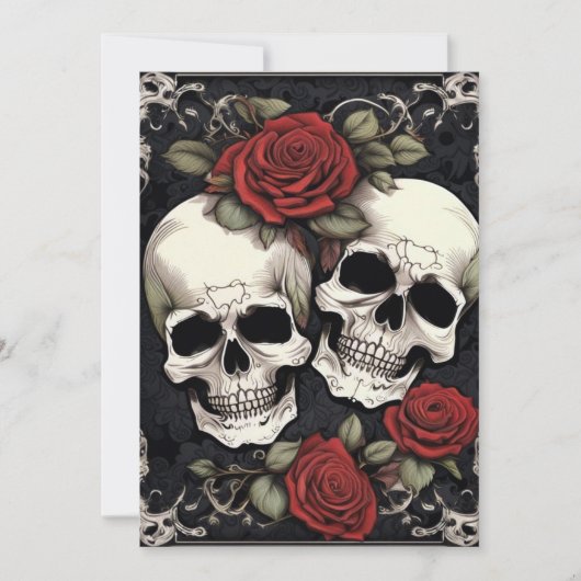 Skull Couple und Rose Gotische Elegance Hochzeit Einladung (Vorderseite)
