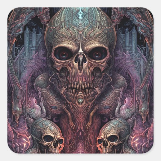 Skull Creepy Surreal Horror Art Quadratischer Aufkleber (Vorderseite)