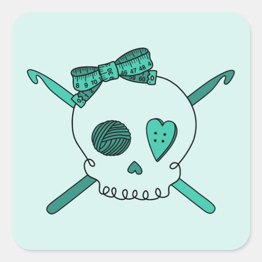 Skull & Crochet Hooks (türkisfarbener Hintergrund) Quadratischer Aufkleber (Vorderseite)