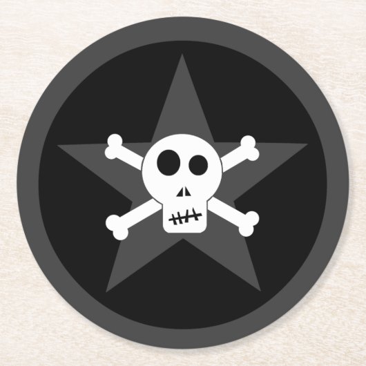 + Skull & Crossbone mit Star + Round Paper Coaste Runder Pappuntersetzer (Vorderseite)