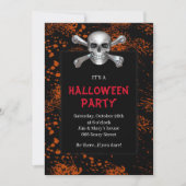Skull Crossbones Orange Splattered Halloween-Party Einladung (Vorderseite)