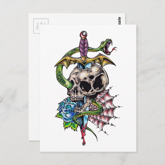 Skull & Dagger Tattoo Postkarte (Vorne/Hinten)