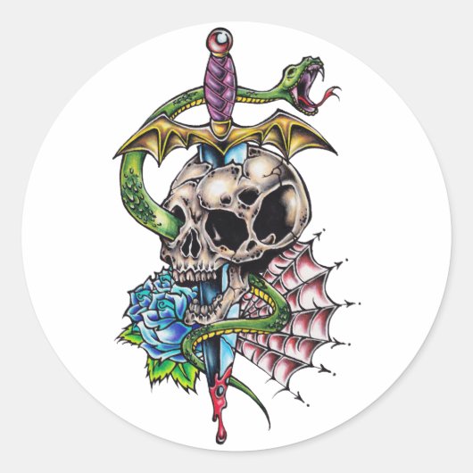Skull & Dagger Tattoo Runder Aufkleber (Vorderseite)