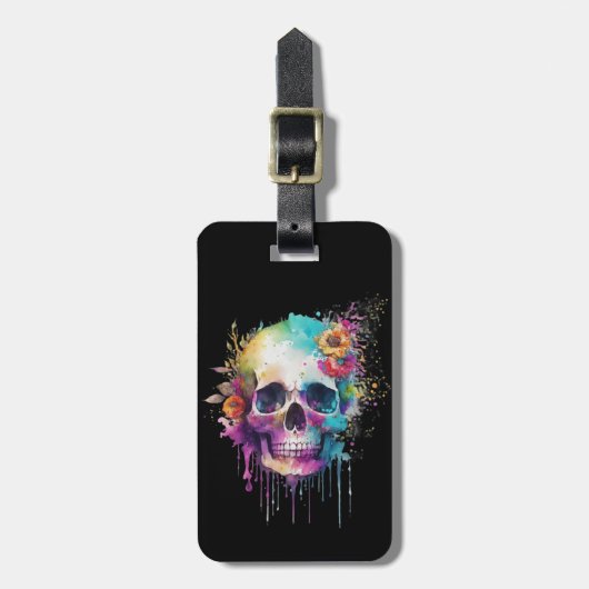 Skull-Design mit bunten Spritzern Gepäckanhänger (Vorderseite vertikal)