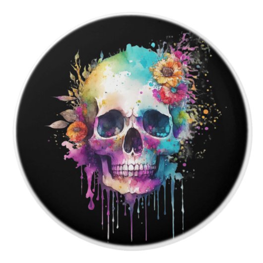Skull-Design mit bunten Spritzern Keramikknauf (Vorderseite)