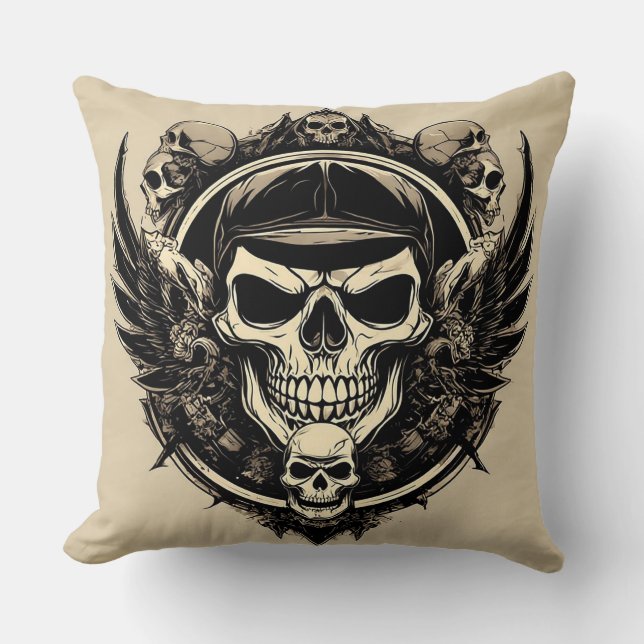 Skull-Design mit Flügeln und Symbolen Kissen (Vorderseite)