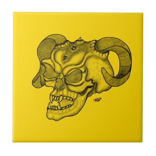 Skull Devil Kopf Schwarz-Gelb-Design Fliese (Vorderseite)