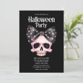 Skull Dots Black Bow Pink Horror Halloween-Party Einladung (Stehend Vorderseite)