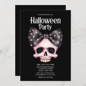 Skull Dots Black Bow Pink Horror Halloween-Party Einladung (Vorne/Hinten)