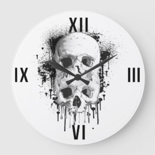 Skull Drip Black Ink Splatter Graphic Große Wanduhr