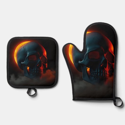 Skull Eclipse Halloween Oven Mitt Set (Vorderseite)