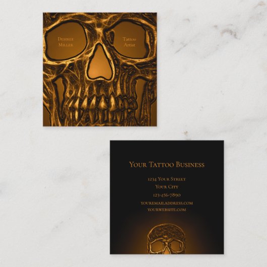 Skull Face Gothic Gold Black Metallic Tattoo Shop Quadratische Visitenkarte (Vorne/Hinten)